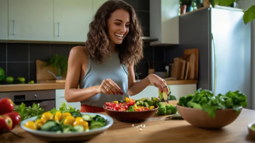 mulher-morena-usando-blusa-azul-sorrindo-em-uma-cozinha-cortando-legumes-para-fazer-uma-salada